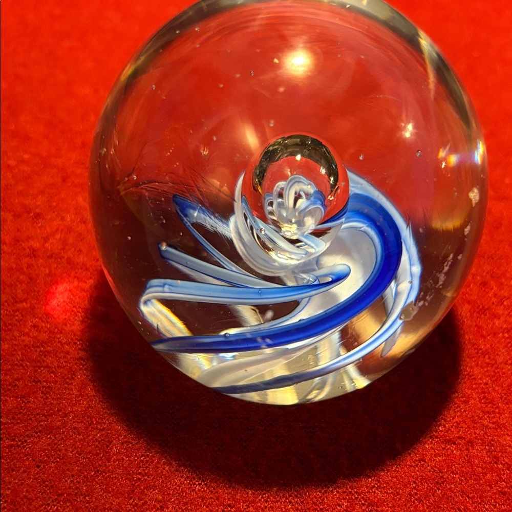 Artistic Glass Sphere with Blue and White Accents, vintage art Est. 1951🤩🤩